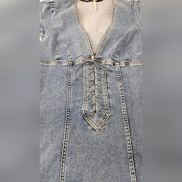 Free People Womens Something Sweet Denim Dress Mini Stretch Lace Up V Neck 6 - Picture 7 of 16